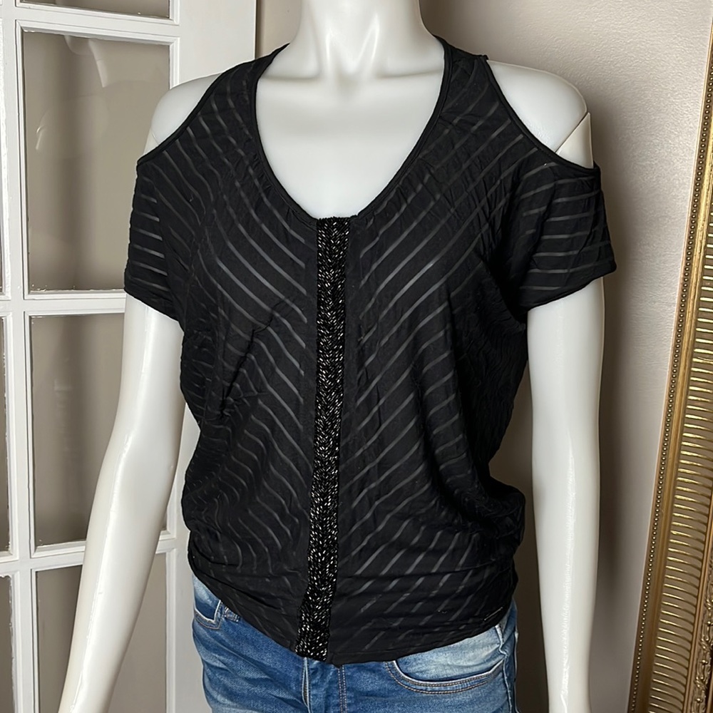 Vintage Y2K GUESS Jet Black Beaded Cold Shoulder Top NWT